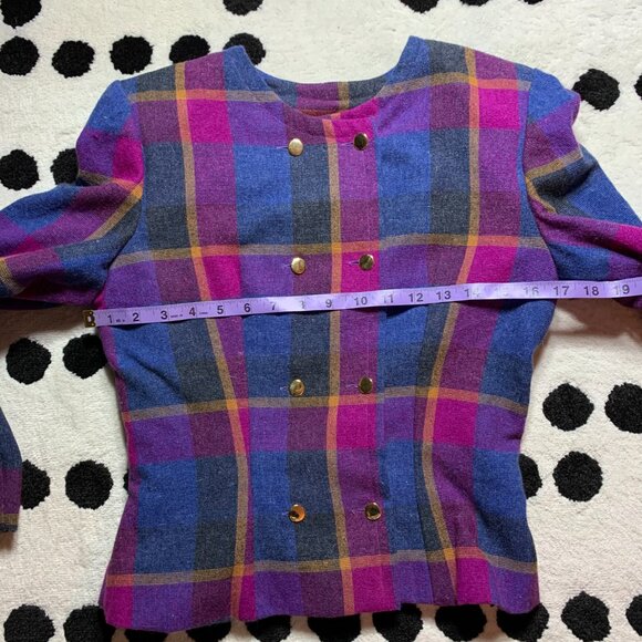 Vintage 80s Plaid Double Breasted Blazer Skirt Set Small Purple Blue Handmade - Picture 14 of 16